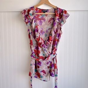 Banana Republic wrap tie blouse taupe floral Small